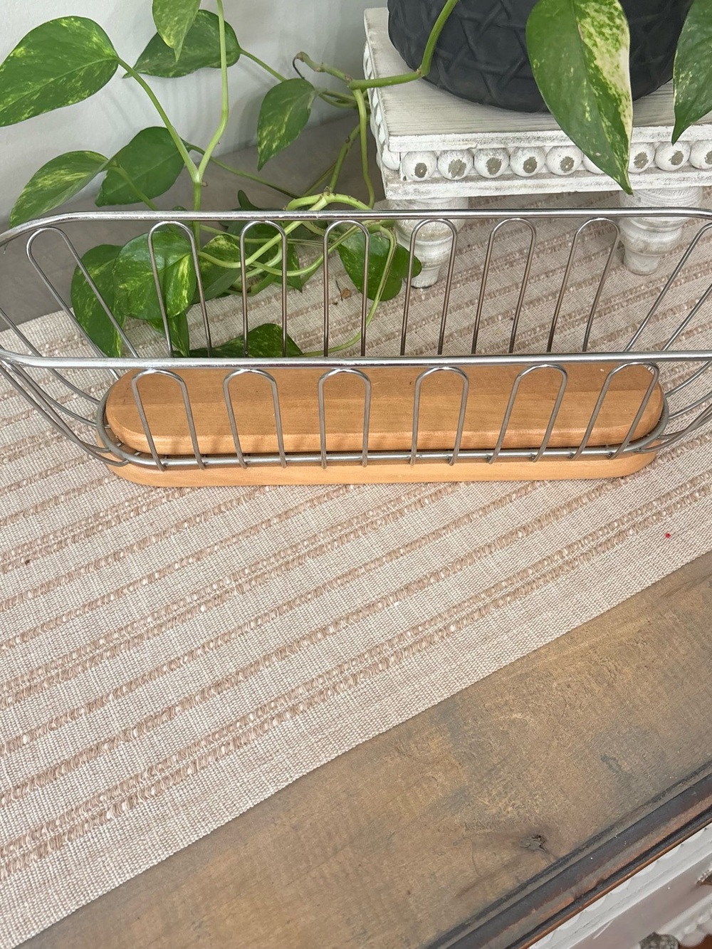 Vtg MCM style Chrome Metal Bread Basket W/ Wood Base